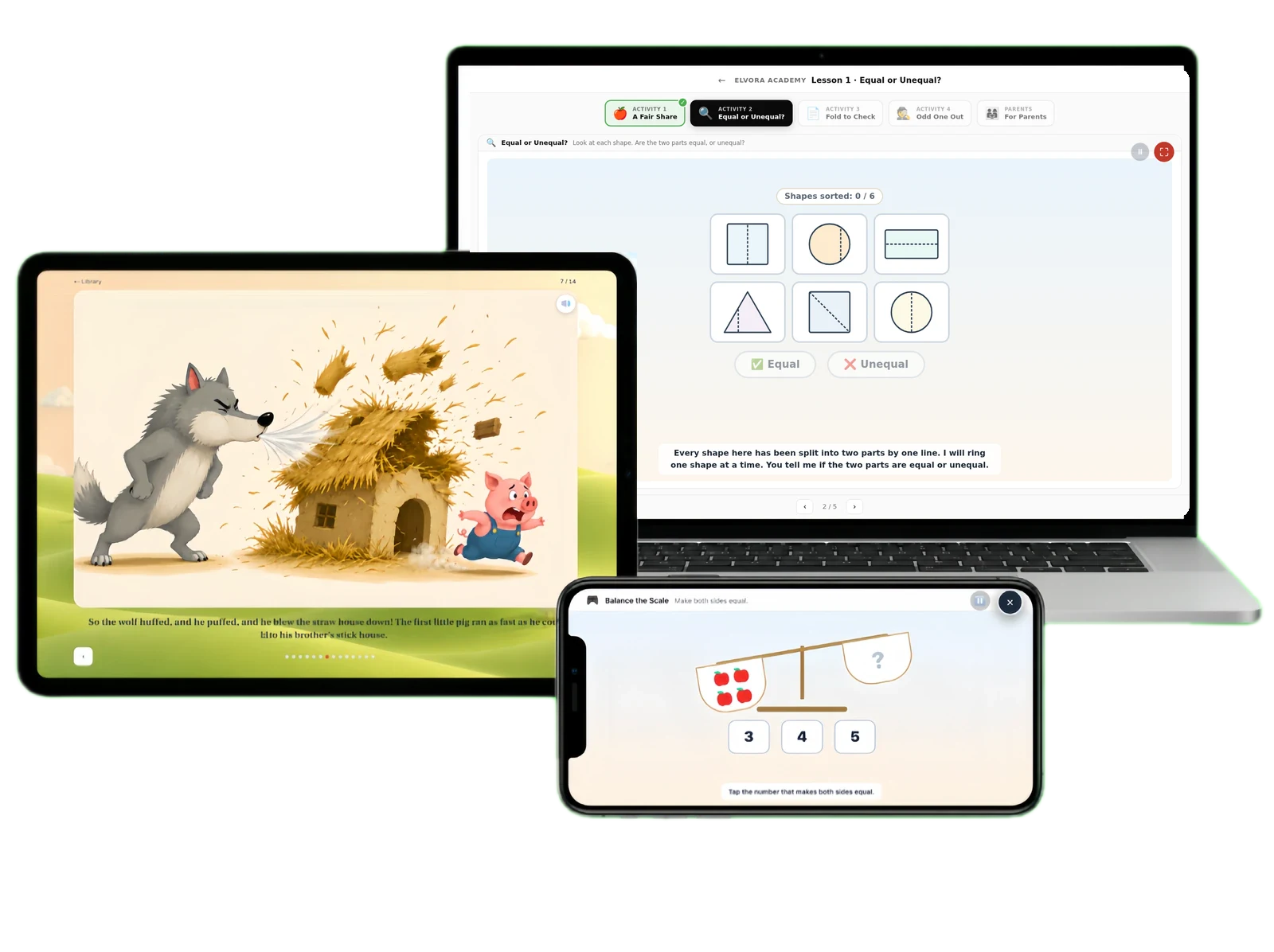 Elvora on a laptop, a tablet and a phone — a Maths lesson, a storybook and a maths game.